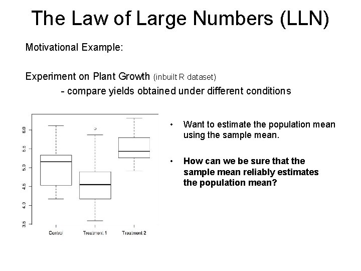 The Law of Large Numbers (LLN) Motivational Example: Experiment on Plant Growth (inbuilt R The Law of Large Numbers (LLN) Motivational Example: Experiment on Plant Growth (inbuilt R