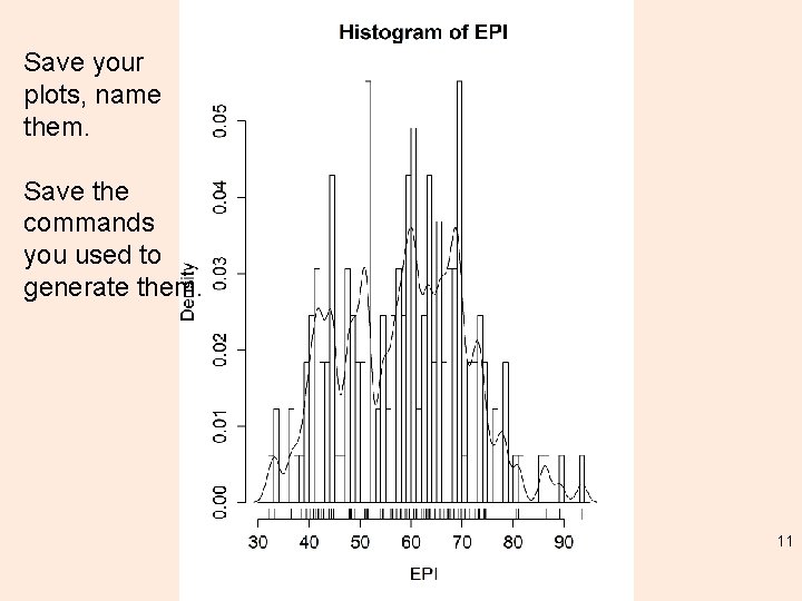 Save your plots, name them. Save the commands you used to generate them. 11