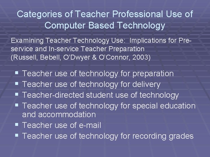 Categories of Teacher Professional Use of Computer Based Technology Examining Teacher Technology Use: Implications
