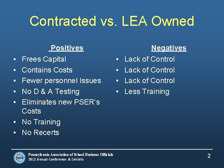 Contracted vs. LEA Owned Positives • • • Frees Capital Contains Costs Fewer personnel