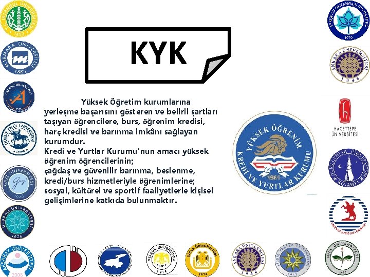 KYK Yüksek Öğretim kurumlarına yerleşme başarısını gösteren ve belirli şartları taşıyan öğrencilere, burs, öğrenim