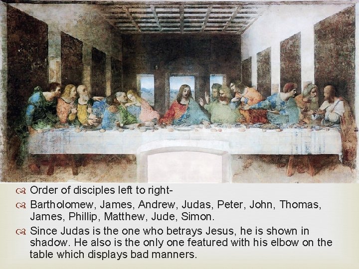 Order of disciples left to right Bartholomew, James, Andrew, Judas, Peter, John, Thomas, Order of disciples left to right Bartholomew, James, Andrew, Judas, Peter, John, Thomas,