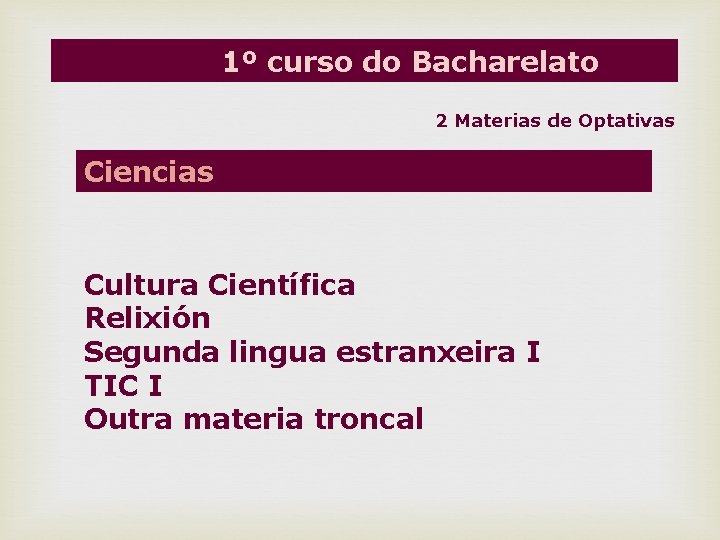 1º curso do Bacharelato 2 Materias de Optativas Ciencias Cultura Científica Relixión Segunda lingua