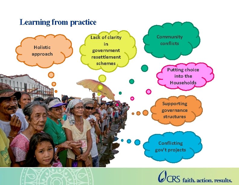 Learning from practice Holistic approach Lack of clarity in government resettlement schemes Community conflicts