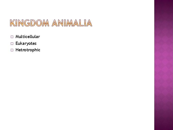 � Multicellular � Eukaryotes � Hetrotrophic 