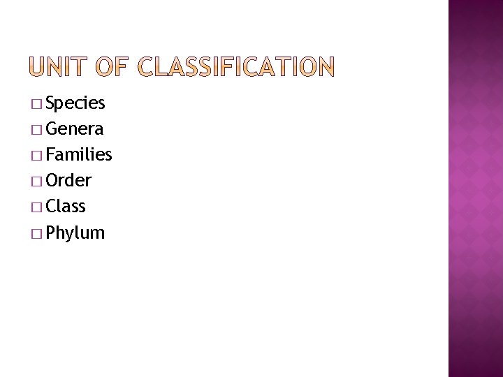 � Species � Genera � Families � Order � Class � Phylum 