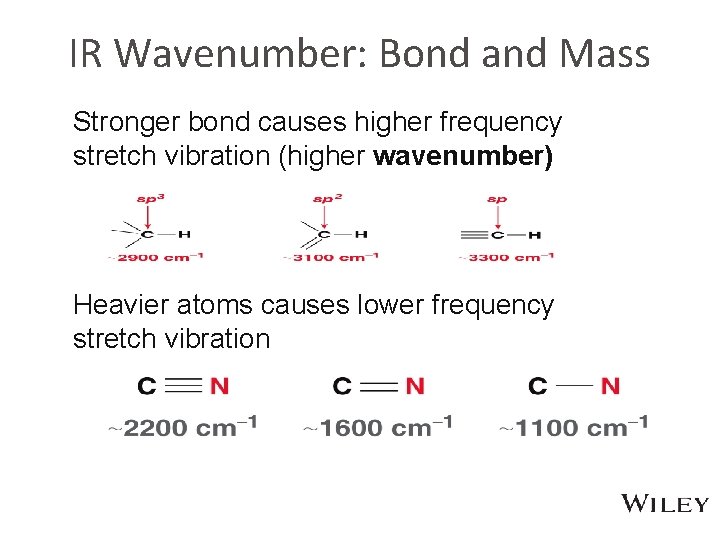 IR Wavenumber: Bond and Mass Stronger bond causes higher frequency stretch vibration (higher wavenumber)