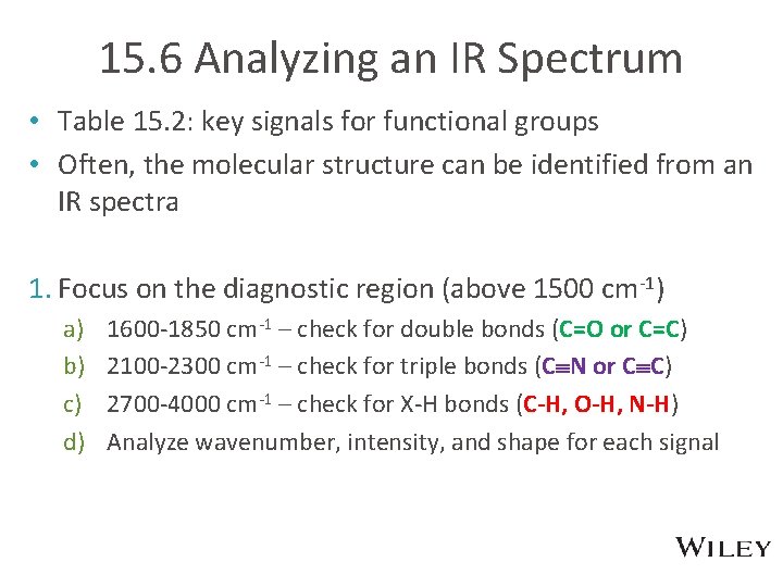 15. 6 Analyzing an IR Spectrum • Table 15. 2: key signals for functional