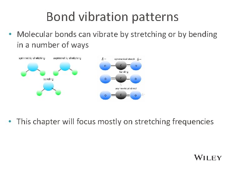 Bond vibration patterns • Molecular bonds can vibrate by stretching or by bending in
