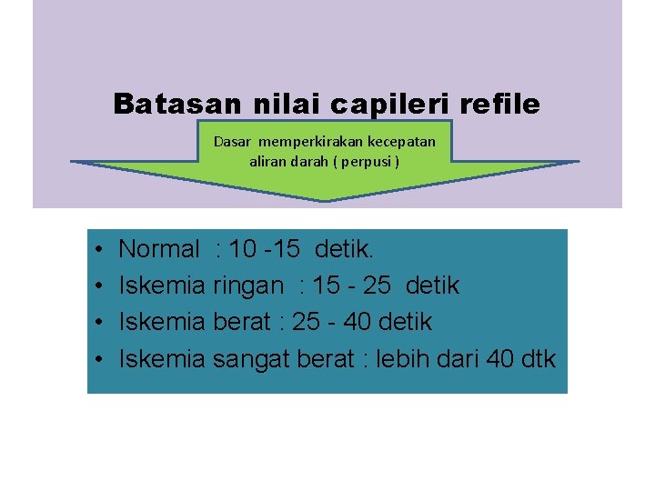 Batasan nilai capileri refile Dasar memperkirakan kecepatan aliran darah ( perpusi ) • •