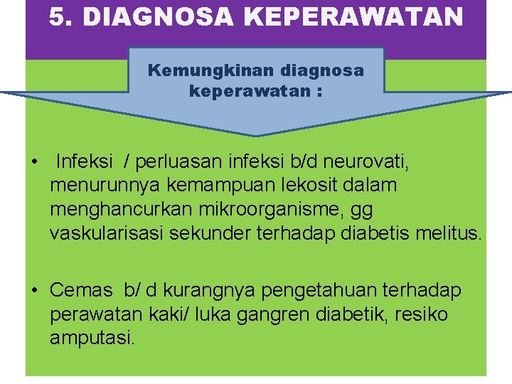5. DIAGNOSA KEPERAWATAN Kemungkinan diagnosa keperawatan : • Infeksi / perluasan infeksi b/d neurovati,
