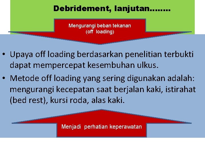 Debridement, lanjutan……. . Mengurangi beban tekanan (off loading) • Upaya off loading berdasarkan penelitian