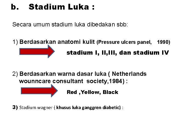 b. Stadium Luka : Secara umum stadium luka dibedakan sbb: 1) Berdasarkan anatomi kulit