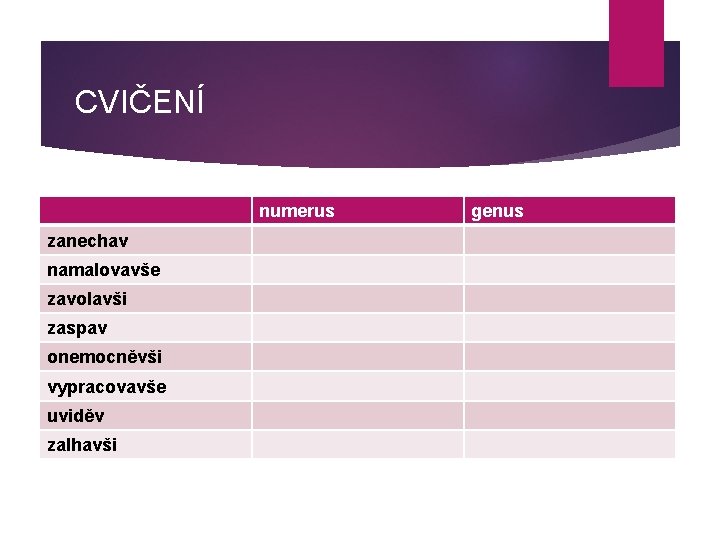 CVIČENÍ numerus zanechav namalovavše zavolavši zaspav onemocněvši vypracovavše uviděv zalhavši genus 