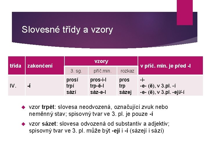 Slovesné třídy a vzory třída zakončení IV. -í vzory 3. sg. prosí trpí sází