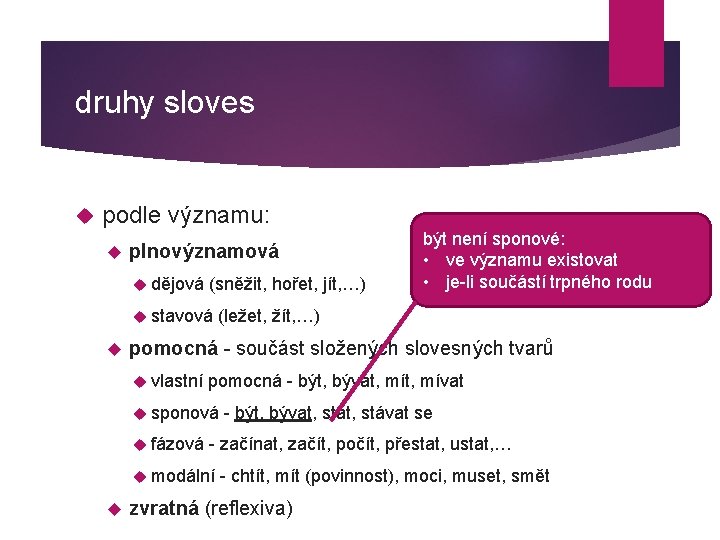 druhy sloves podle významu: plnovýznamová dějová (sněžit, hořet, jít, …) stavová (ležet, žít, …)