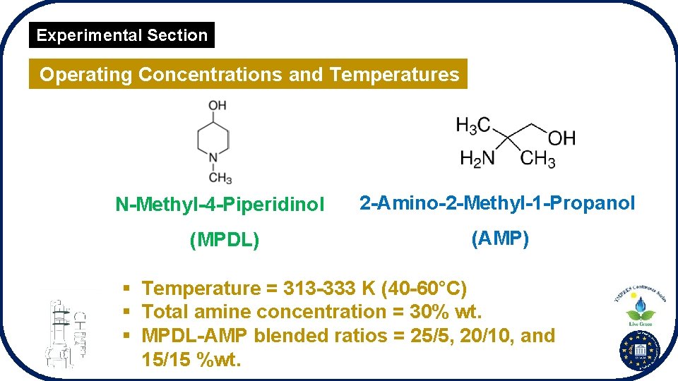 Experimental Section Operating Concentrations and Temperatures N-Methyl-4 -Piperidinol 2 -Amino-2 -Methyl-1 -Propanol (MPDL) (AMP)