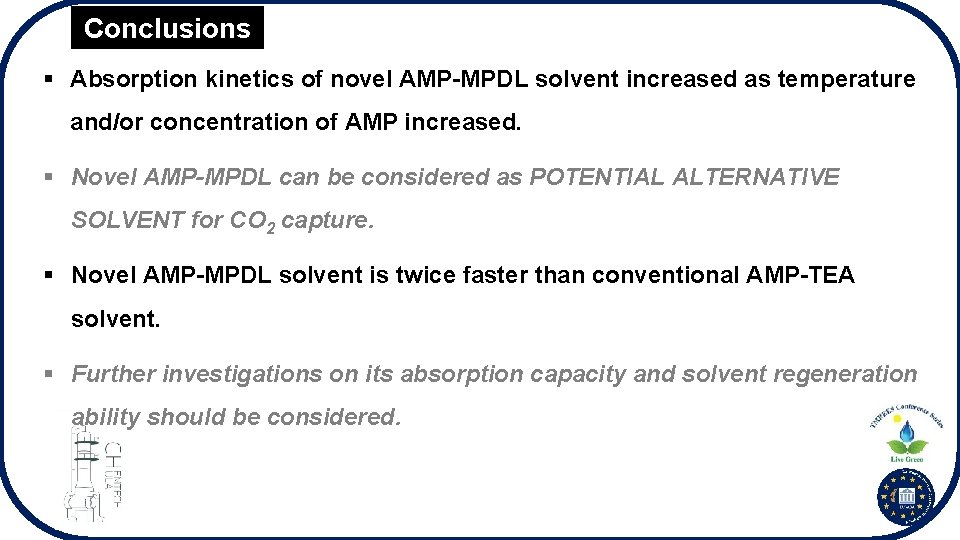 Conclusions § Absorption kinetics of novel AMP-MPDL solvent increased as temperature and/or concentration of