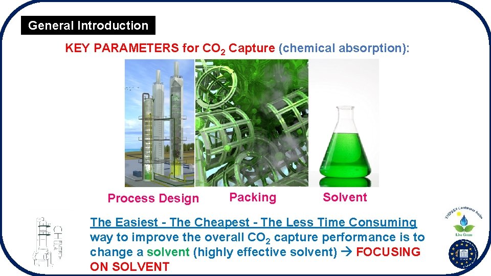 General Introduction KEY PARAMETERS for CO 2 Capture (chemical absorption): Process Design Packing Solvent