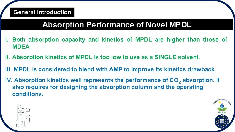 General Introduction Absorption Performance of Novel MPDL I. Both absorption capacity and kinetics of