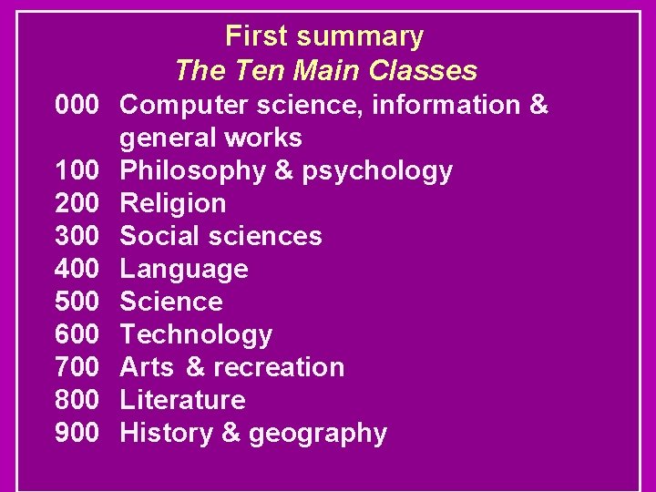First summary The Ten Main Classes 000 Computer science, information & general works 100