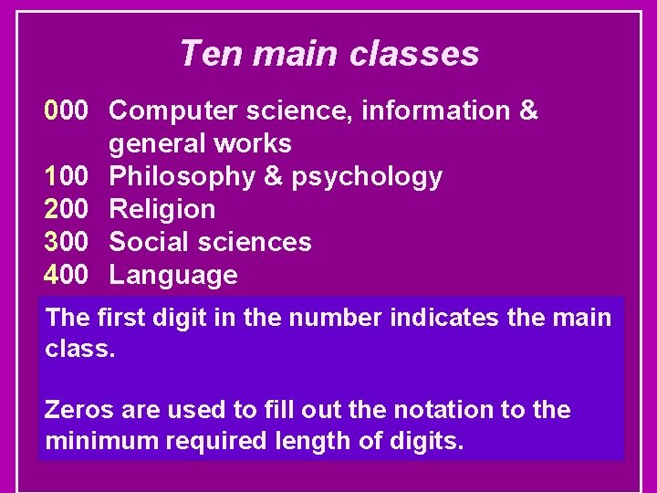 Ten main classes 000 Computer science, information & general works 100 Philosophy & psychology