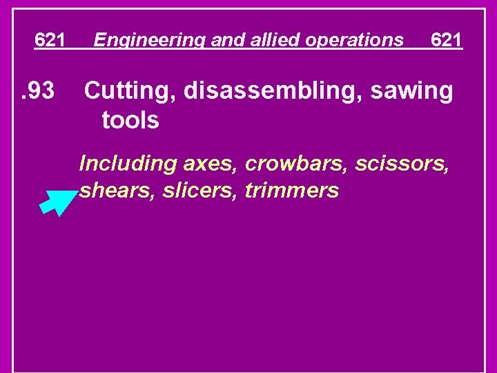 621 . 93 Engineering and allied operations 621 Cutting, disassembling, sawing tools Including axes,