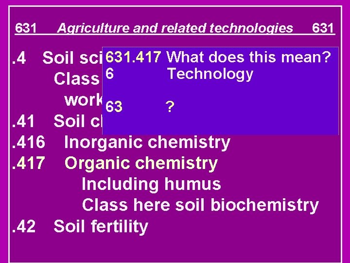 631 Agriculture and related technologies 631. 417 What does this mean? . 4 Soil