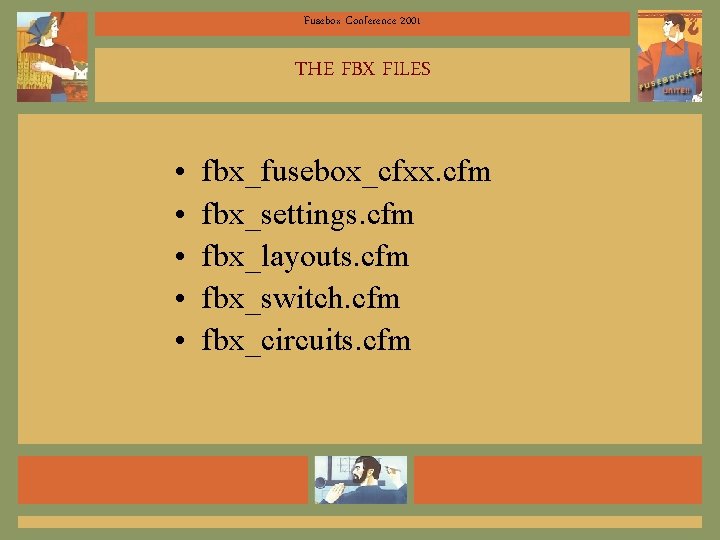 Fusebox Conference 2001 THE FBX FILES • • • fbx_fusebox_cfxx. cfm fbx_settings. cfm fbx_layouts.