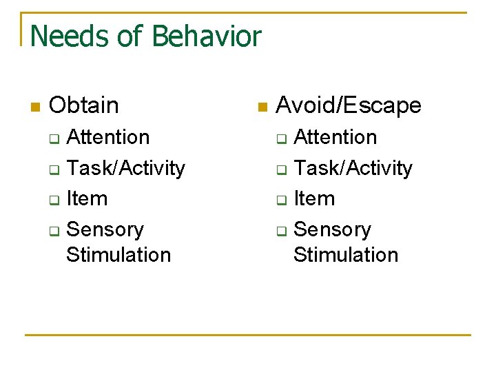 Needs of Behavior n Obtain Attention q Task/Activity q Item q Sensory Stimulation q
