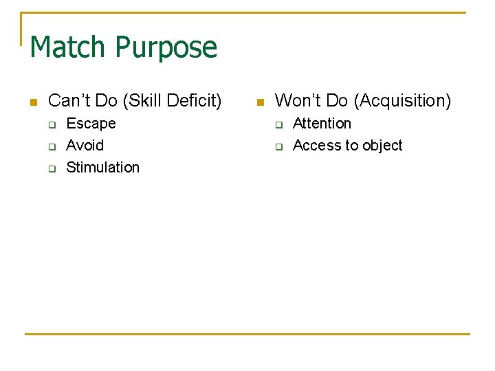 Match Purpose n Can’t Do (Skill Deficit) q q q Escape Avoid Stimulation n