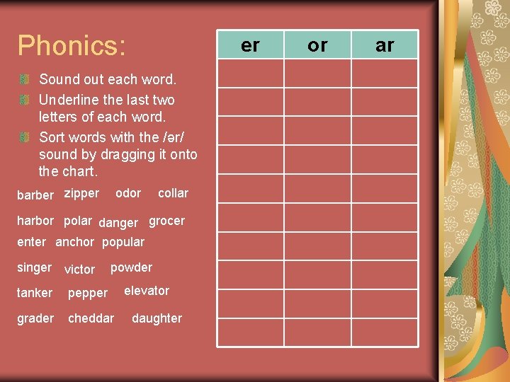 Phonics: er Sound out each word. Underline the last two letters of each word.