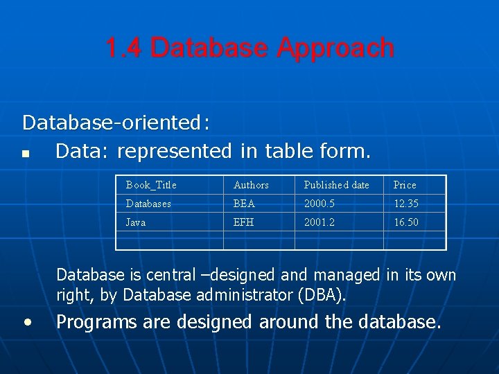 1. 4 Database Approach Database-oriented: n Data: represented in table form. Book_Title Authors Published