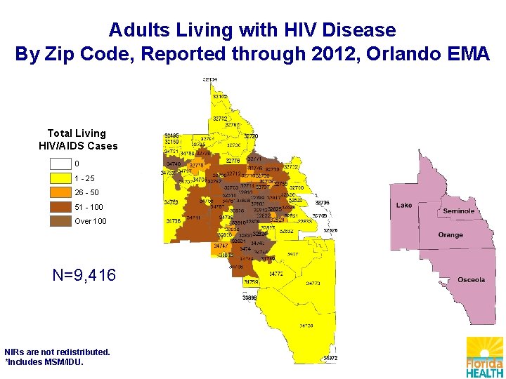 Adults Living with HIV Disease By Zip Code, Reported through 2012, Orlando EMA Total