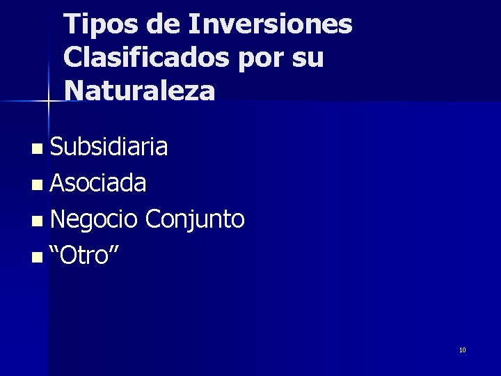 Tipos de Inversiones Clasificados por su Naturaleza n Subsidiaria n Asociada n Negocio Conjunto