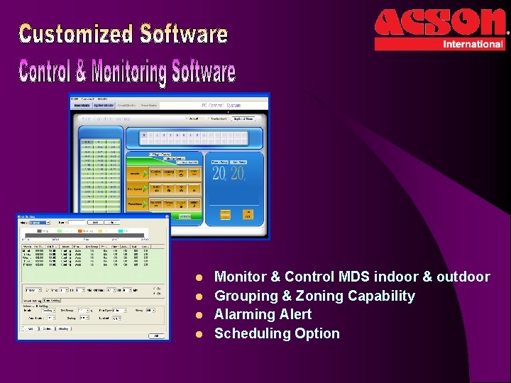 l l Monitor & Control MDS indoor & outdoor Grouping & Zoning Capability Alarming