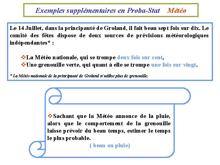 Exemples supplémentaires en Proba-Stat Météo Le 14 Juillet, dans la principauté de Groland, il