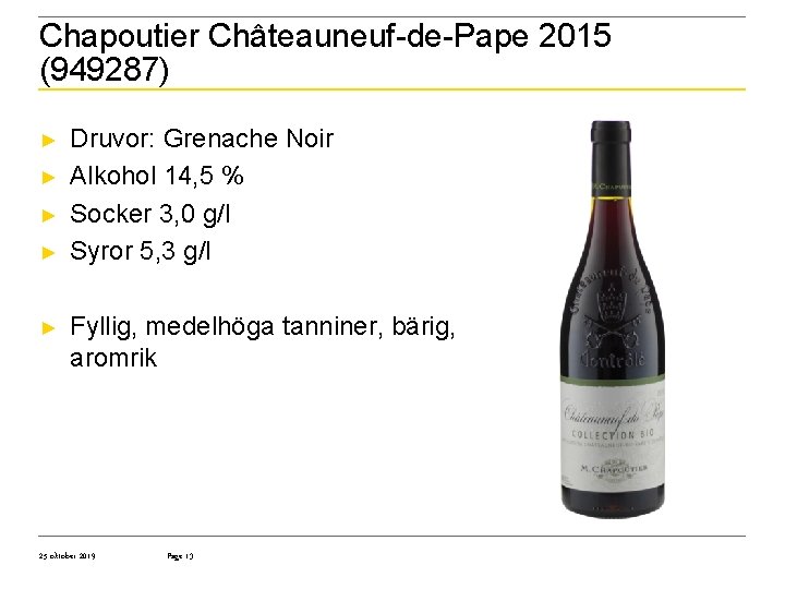 Chapoutier Châteauneuf-de-Pape 2015 (949287) ► ► ► Druvor: Grenache Noir Alkohol 14, 5 %