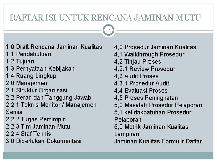 DAFTAR ISI UNTUK RENCANA JAMINAN MUTU 15 1, 0 Draft Rencana Jaminan Kualitas 1,