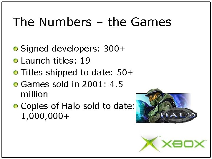 The Numbers – the Games Signed developers: 300+ Launch titles: 19 Titles shipped to