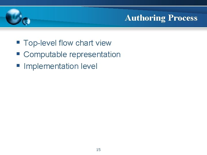 Authoring Process § Top-level flow chart view § Computable representation § Implementation level 15
