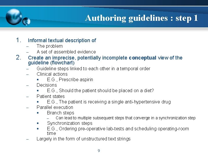 Authoring guidelines : step 1 1. 2. Informal textual description of – – The