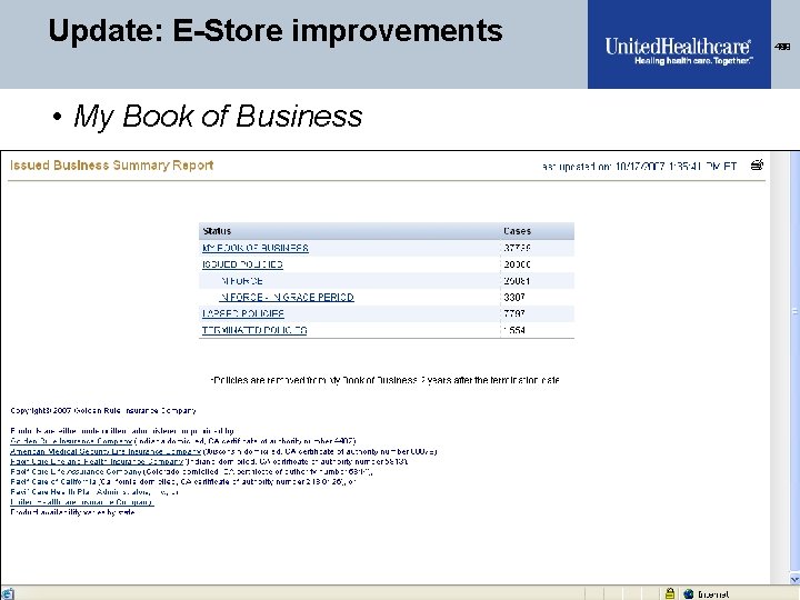 Update: E-Store improvements • My Book of Business Confidential property of United. Health Group.