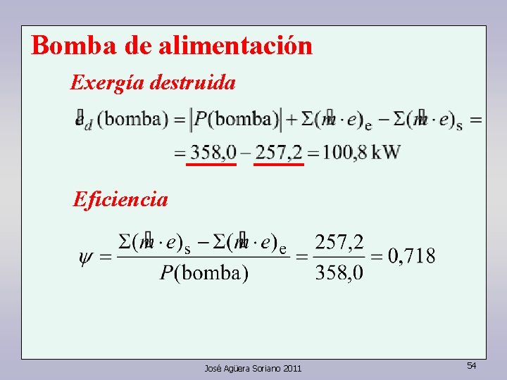 Bomba de alimentación Exergía destruida Eficiencia José Agüera Soriano 2011 54 