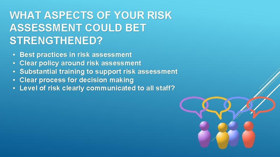 WHAT ASPECTS OF YOUR RISK ASSESSMENT COULD BET STRENGTHENED? • • • Best practices