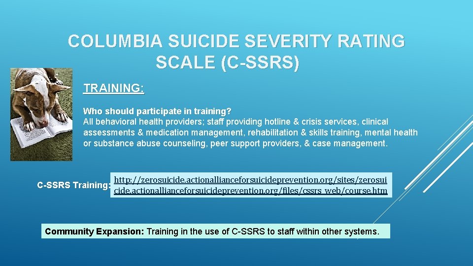 COLUMBIA SUICIDE SEVERITY RATING SCALE (C-SSRS) TRAINING: Who should participate in training? All behavioral