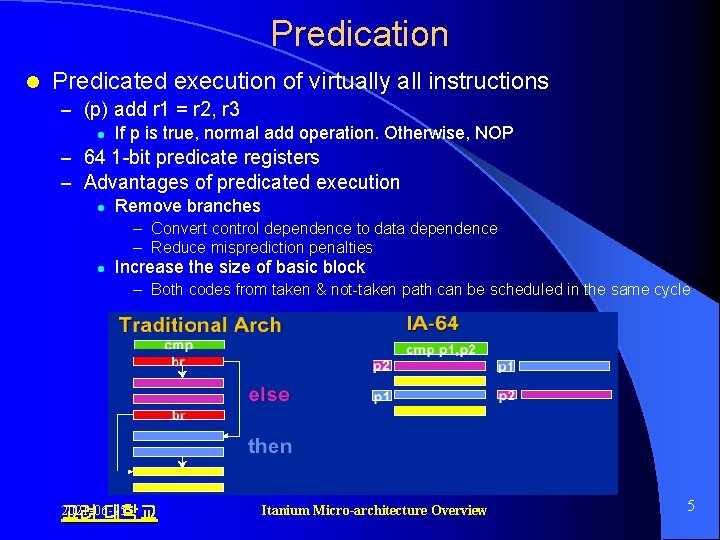 Predication l Predicated execution of virtually all instructions – (p) add r 1 =