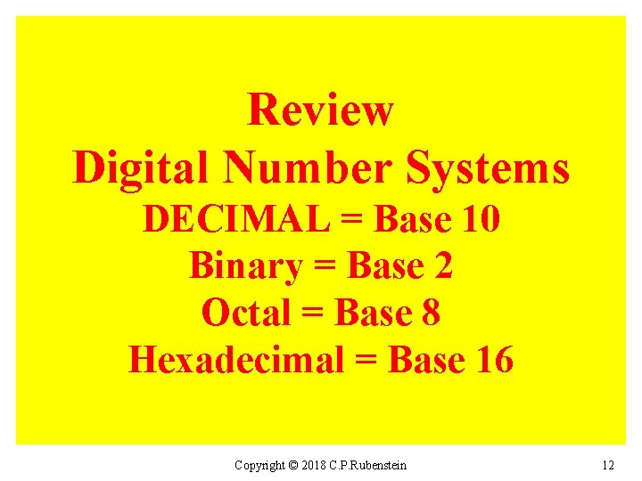 Review Digital Number Systems DECIMAL = Base 10 Binary = Base 2 Octal =