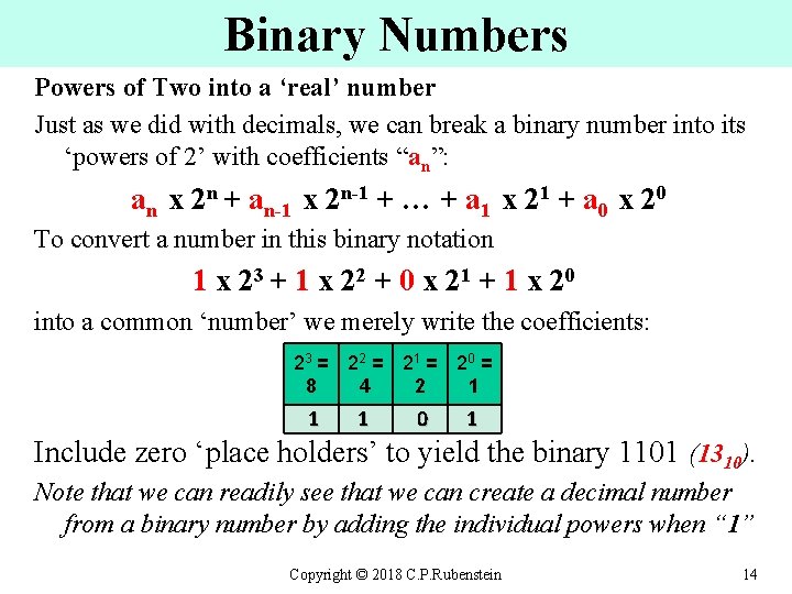 Binary Numbers Powers of Two into a ‘real’ number Just as we did with