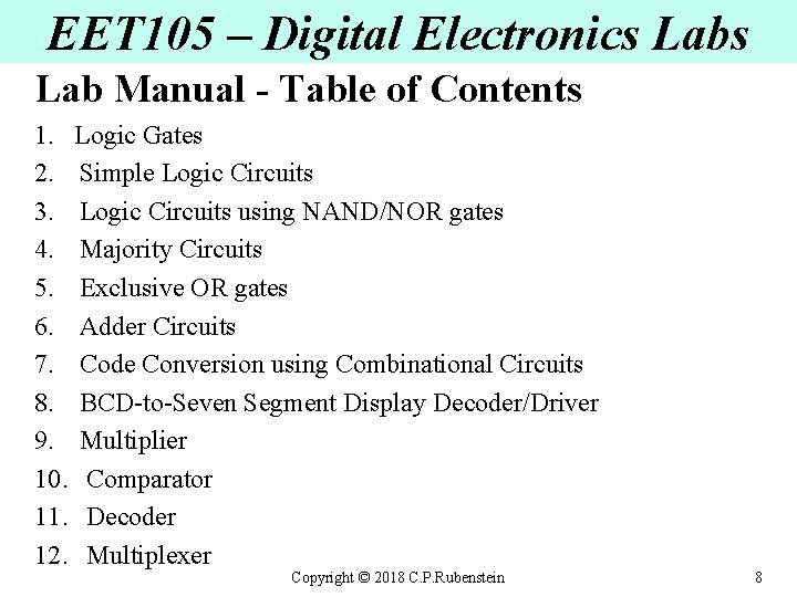 EET 105 – Digital Electronics Lab Manual - Table of Contents 1. Logic Gates